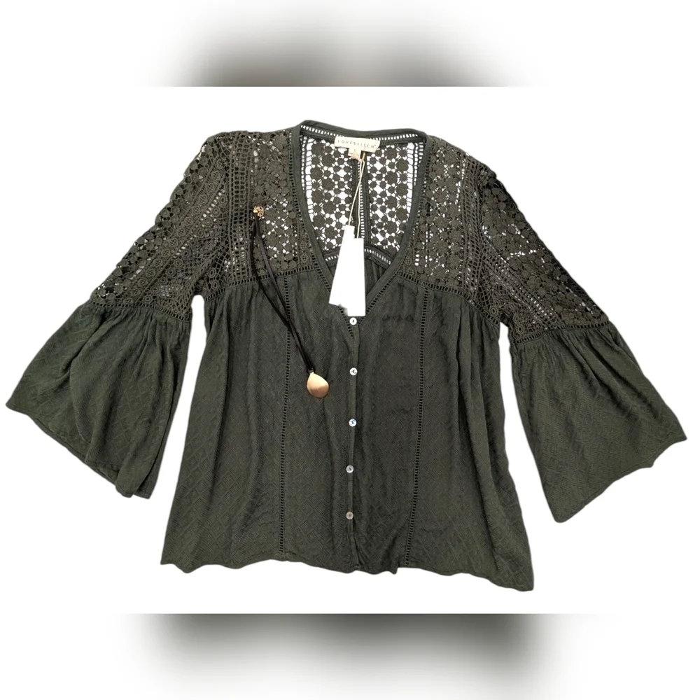 NWT LOVESTITCH Olive Green Sahara Mixed Lace Top Sz Small Rayon Flowy Boho Chic - Picture 7 of 17